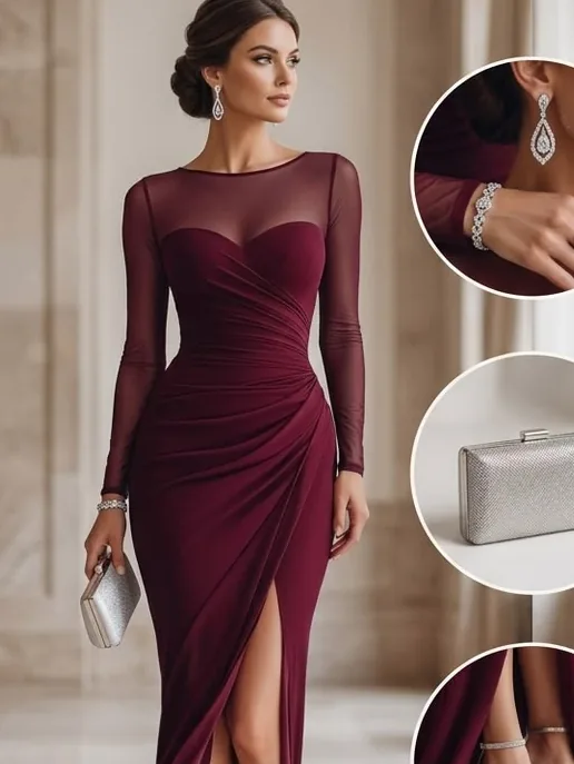 Sheer-sleeve draped maxi gown
