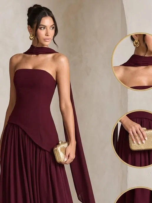 Strapless satin gown with scarf